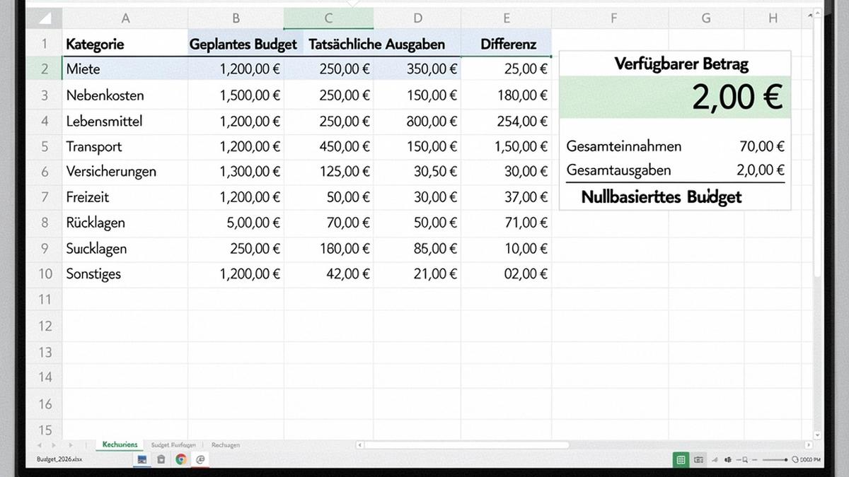 Vorschau einer Zero-Based Budgetvorlage mit Budget-Zuteilung und Rest-auf-Null