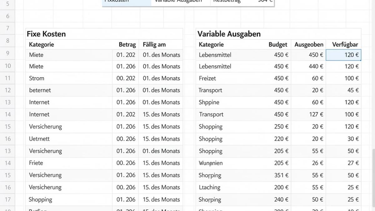 Vorschau einer Fix/Variabel Budgetvorlage mit Fixkostenliste und variablen Kategorien